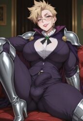 ai_generated big_breasts clothed front_view fuguushoku_kanteishi_ga_jitsu_wa_saikyou_datta futa_only futanari grab_penis grin guild_master huge_cock intersex kanteishi large_penis meegan_(fuguushoku_kanteishi_ga_jitsu_wa_saikyou_datta) mischievous_smile muscle_girl muscle_mommy muscles naked precum saikyou self_masturbation snowbullsara veiny_penis