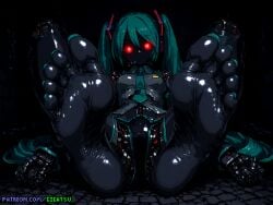 ai_generated android dungeon feet foot_fetish foot_focus gigatsu glowing_eyes hatsune_miku pixel_art red_eyes robot robot_girl sole_female soles toes vocaloid