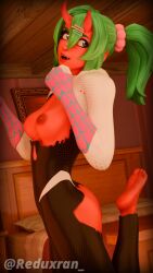 1girls 3d bandage bandage_on_face bandage_on_nose bed bedroom clothed clothed_female clothing demon demon_girl demon_horns exposed_ass exposed_breasts exposed_pussy female fortnite functionally_nude functionally_nude_female green_hair hair hair_ornament hairclip hairclips looking_back marvel marvel_comics mostly_clothed mostly_clothed_female nemia_(fortnite) oni oni_female oni_horns open_mouth red_skin reduxran ripped_clothing spider-gwen_(cosplay) spider-man:_into_the_spider-verse spider-man_(series) twintails