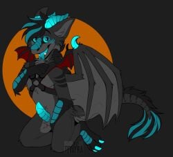 anthro artificial_wings bat_wings dragon dragon_wings futanari genitals gynomorph halloween harness hi_res holidays ilkanar intersex mane membrane_(anatomy) membranous_wings mythological_creature mythological_scalie mythology penis presenting scalie solo tevayra wings