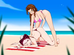 2girls aerith_gainsborough anoneysnufftan applying_sunscreen beach beach_towel bending_over bikini blurry_background brown_hair embarrassed face_down_ass_up female female_only final_fantasy final_fantasy_vii hairbow headdress humiliation imminent_death killer_lotion leaning_forward massage murder ocean overlord_(maruyama) peril punishment red_eyes rubbing sand seaside shalltear_bloodfallen sinfulline sky snuff summer sunbathing swimsuit towel vampire vampire_girl water white_hair