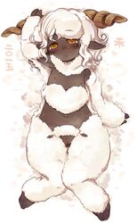 2015 7010 animal_ears blush curly_hair dark-skinned_female dark_skin female flat_chest fur goat_eyes highres hooves horns looking_at_viewer lying monster_girl navel nipples nude on_back original pointy_ears pussy sheep sheep_ears sheep_girl sheep_horns solo white_fur white_hair yellow_eyes