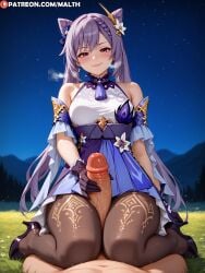 1boy 1girls ai_generated bare_shoulders blush detached_sleeves dress female genshin_impact handjob heavy_breathing high_heels highres keqing_(genshin_impact) kneeling knees_together_feet_apart large_penis long_hair looking_at_viewer male malth medium_breasts pantyhose penis penis_between_thighs pink_eyes pov purple_hair thigh_sex