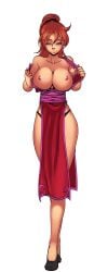 bare_shoulders breasts cg cleavage closed_eyes curvy dress facing_viewer female full_body hentai_heroes high_heels high_ponytail huge_breasts kinkoid large_breasts long_hair nipples no_bra official_art orange_hair panties parody parted_lips pelvic_curtain ponytail red_battler_(hentai_heroes) red_hair simple_background solo standing thick_thighs thighs transparent_background underwear val_red_battler_(hentai_heroes)