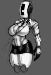 button_down_shirt cleavage female glados glados_(humanoid) greyscale large_breasts no_background no_mouth office_lady polygonalfish portal_(series) robot robot_girl sketch skirt solo solo_female