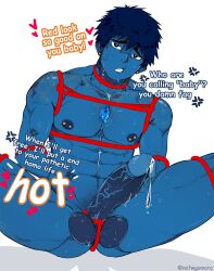 alien alien_boy alien_humanoid bara blue_body blue_hair blue_nipples blue_penis blue_skin bondage earring earrings english english_text erection fan_character gay gem gem_(species) gemsona gomoro homophobia homophobic_slur lapis_lazuli_(gem) male male_focus male_only muscles muscular muscular_male nipple_piercing nipples offscreen_male original_character pierced_ears pierced_nipples piercing piercings precum precum_drip precum_string rope rope_bondage solo solo_focus solo_male steven_universe sweat sweatdrop sweating sweaty text yaoi