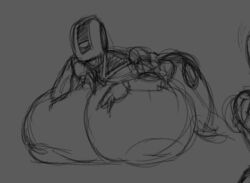 female glados glados_(humanoid) greyscale hyper_breasts large_breasts no_mouth nude_female polygonalfish portal_(series) robot robot_girl sketch solo solo_female