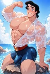 ai_generated ass bara big_ass big_biceps big_butt big_pecs bubble_ass bubble_butt bulge disney disney_prince flexing flexing_bicep looking_at_viewer male male_breasts male_focus male_only muscles muscular_arms muscular_legs muscular_male muscular_thighs nipples ocean prince_eric revealing_clothes see-through see-through_clothing see-through_top the_little_mermaid the_little_mermaid_(1989_film) wet wet_clothes wet_shirt yaoi