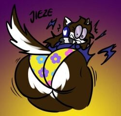 1girls anthro big_ass canine domestic_cat domestic_dog embarrassed_female feline female flower_panties hybrid jieze_(jieze) oc panties print_panties ripped_skirt skunk trans_woman transfem wide_hips