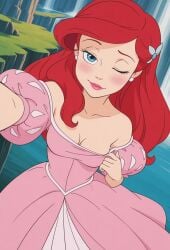 ariel ariel_(the_little_mermaid) blue_eyes blush breasts cleavage cliff collarbone disney disney_princess dress dress_pull earrings eyelashes hair_ornament lips long_hair looking_at_viewer mysterious_bride_(ai_generator) outdoors pink_dress puffy_sleeves red_hair selfie teasing the_little_mermaid the_little_mermaid_(1989_film) undressing waterfall winking