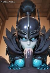 1boy 1girl :>= ai_dota_ai ai_generated artist_name black_hair black_skin blue_eyes blue_lips blue_nails blue_sclera blue_skin breasts colored_sclera colored_skin cum cum_in_mouth dota_2 fellatio female glowing_eyes grey_skin hair_between_eyes helmet long_hair looking_at_viewer mortred oral patreon_username penis phantom_assassin ponytail pov pov_crotch solo_focus straight uncensored