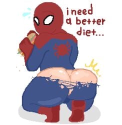 1boy big_ass big_butt exploding_clothes femboy funny krendel low_res male marvel marvel_comics marvel_rivals not_ai_generated pixel_art ripped_pants ripping_clothing spider-man spider-man_(series) squatting superhero