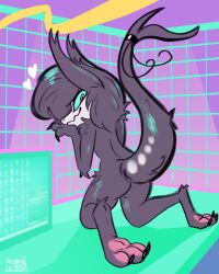 1980s_theme anthro ass dragon female fur furred_dragon furred_scalie furry hi_res kneeling looking_at_viewer muffinlicious mythological_creature mythological_scalie mythology neffali_(muffinlicious) original original_character pawpads paws scalie solo synthwave
