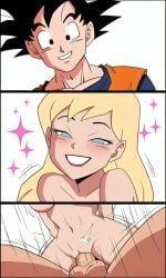 1boy ai_generated big_breasts black_eyes blonde_hair blue_eyes blush breasts clothed clothed_male clothed_male_nude_female comic_panel cowgirl_position crossover dragon_ball female goku kryptonian long_hair male motion_lines nude_female pixai red_lipstick saiyan sex slim_waist smile son_goku sparkles supergirl superman_(series) white_background