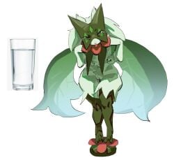 anthro biped female fingers fur generation_9_pokemon genitals green_body green_fur looking_at_viewer meowscarada multicolored_body navel nintendo nude pink_nose pokemon pokemon_(species) pupils pussy red_body red_eyes simple_background skeleton265 solo standing tongue tongue_out water white_background