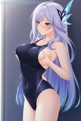 1girl 1girls ai_generated bare_arms bare_shoulders black_one-piece_swimsuit blue_hair blush breasts butterfly_hair_ornament closed_mouth collarbone commentary_request competition_swimsuit covered_navel cowboy_shot female female_focus female_only genshin_impact grabbing_own_breast gradient_hair grey_hair hair_ornament highleg large_breasts long_hair one-piece_swimsuit red_eyes sideboob sidelocks skirk_(genshin_impact) solo standing swimsuit thighs two-tone_swimsuit very_long_hair zelanell