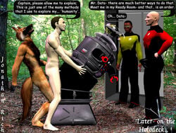 3d anal anal_penetration anal_sex android anthro bald black_hair brown_fur brown_hair cmnm crossover data english_text erection_under_clothes furry gay geordi_la_forge holodeck hologram human interspecies jean-luc_picard jonathan_rich lost_in_space male male_only multiple_males robot_b9 star_trek star_trek_the_next_generation starfleet_uniform visor werewolf yaoi