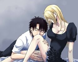 1boy 1boy1girl 1girls beelzebub_(manga) black_dress blonde_female blonde_hair busty cleavage female hands_on_thighs hilda_(beelzebub) kissing_leg male male/female oga_tatsumi romantic short_dress straight tattoo tight_clothing