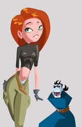 1boy 1girls disney dr._drakken female human kim_possible kimberly_ann_possible male simple_background straight_hair tagme tied_up