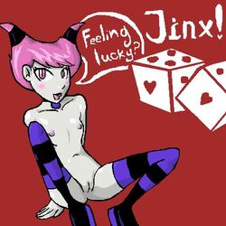 choker dc_comics dice female female_only flat_chest grey_skin jinx_(dc) nipples pink_hair pink_nipples pointy_chin smooth_skin tagme teen_titans thighhighs