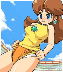 1girls bare_shoulders big_thighs blue_eyes blush breasts brooch brown_hair buruma earrings female female_only flower_earrings human konpeto light-skinned_female light_skin lowres mario_(series) mario_tennis nintendo orange_shorts panties pixel_art princess_daisy self_wedgie shorts shoulder_length_hair sleeveless sleeveless_shirt solo sports_uniform sportswear tank_top tear tears thick thick_hips thick_thighs underwear wedgie white_panties wide_hips yellow_tank_top