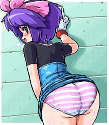 1girls ass bent_over blush cute female female_only human kanata_(pokemon) kelly_(pokemon) konpeto lowres moe nintendo panties pink_striped_panties pixel_art pokemon pokemon_(anime) smile solo striped striped_panties underwear