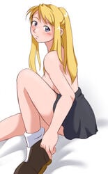 clothes color dave_cheung female female_only fullmetal_alchemist human ponytail side_view solo tied_hair topless winry_rockbell