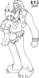 1boy 1girls 2005 baran_flinders black_and_white dc_comics female jinx_(dc) male mammoth_(dc) monochrome sketch straight_hair teen_titans testicles