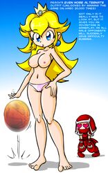 1boy 1girls artist_request ball barefoot basketball blonde_hair blue_eyes breasts crown earrings feet female heart heart_eyes human jewelry long_hair male mario_(series) mario_hoops_3_on_3 mostly_nude navel ninja ninja_(final_fantasy) nintendo nipples panties pink_panties princess_peach straight_hair thighs topless underwear