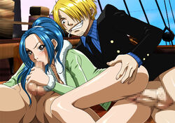 artist_request blue_hair blush bottomless brown_eyes fellatio female hair male miss_wednesday nefertari_vivi one_piece oral straight_hair threesome vaginal_penetration vinsmoke_sanji