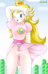 female greenhand huge_eyes human mario_(series) nintendo no_panties princess_peach pussy straight_hair super_mario_bros. uncensored upskirt wink