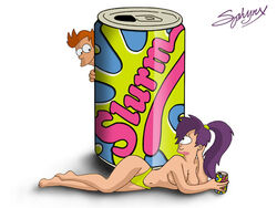 1boy 1girls artist_signature female female_focus futurama male orange_hair philip_j_fry purple_hair slurm sphynx straight toony turanga_leela