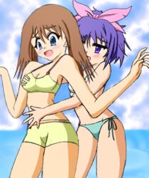 bikini blush breast_grab breasts cute female female_only human human_only kanata_(pokemon) kelly_(pokemon) may_(pokemon) multiple_females multiple_girls nintendo no_bandana pokemon straight_hair swimsuit yuri