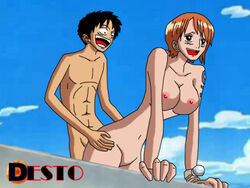 big_breasts breasts color completely_nude completely_nude_female completely_nude_male day desto female human male monkey_d_luffy muscular_male nami nami_(one_piece) nipples nude one_piece outdoors pre-timeskip sex straight_hair tattoo