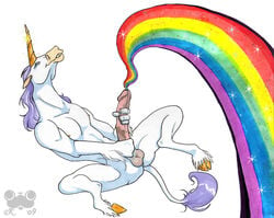 1boy 2009 big_penis bloodhound_(artist) blue_eyes equine erection grin hair horn humor long_hair male male_only masturbation orgasm penis plain_background purple_hair rainbow rainbow_cum short_hair solo unicorn what white_background white_fur