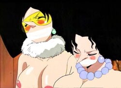 artist_request black_hair blush duo female female_only gag kiwi_(one_piece) mozu_(one_piece) nude nude_filter one_piece photoshop sisters square_sisters straight_hair taped_mouth undressing