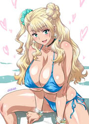 1girls asymmetrical_hair big_breasts bikini blonde_hair blue_bikini blue_eyes bracelet breasts choker cleavage earrings female_only galko gyaru hair_bun heart huge_breasts jewelry joy_ride kogal large_breasts lips long_hair one_side_up oshiete!_galko-chan scrunchie side-tie_bikini side_bun skindentation solo strap_gap swimsuit underboob