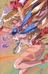 1990s 1999 1girls 20th_century big_breasts bishoujo_senshi_sailor_moon blonde_hair blue_eyes blush bow breasts choker circlet clothing detransformation elbow_gloves female female_only gloves hairbow high_heels highres human kimura_takahiro long_hair magical_girl minako_aino nipple_peek nipples sailor_venus skirt small_breasts solo straight_hair tearing_clothes tiara torn_clothes