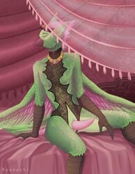 animal_genitalia animal_penis anthro avian beak bed bed_covers bedding bedroom bird clothing feathers furniture green_body green_feathers hair hi_res jewelry lace male male_only necklace neckwear penis pink_hair reenashi solo talii_soliiele talons tolec underwear wings