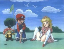 blonde_hair blue_eyes blush bottomless color crown dress earrings elbow_gloves female flag gloves golf golf_club human jewelry mario mario_(series) mario_golf nintendo no_bra pandoras_box penis princess_peach spread_legs spread_pussy straight_hair surprised toad_(mario) uncensored what