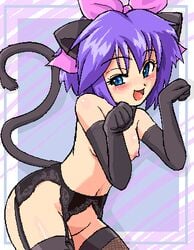 animal_ears blue_eyes blush breasts cat_ears cat_pose cute elbow_gloves female female_only garter_belt garters gloves human kanata_(pokemon) kelly_(pokemon) konpeto lace lingerie love lowres moe nintendo nipples nya paw_pose pixel_art pokemon purple_hair ribbon smile solo thighhighs topless underwear