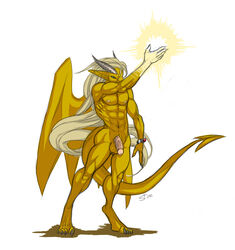 1boy andrus anthro dragon hair long_hair magic male male_only muscular nude penis scalie solo starsoul