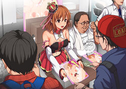 bare_shoulders black_eyes box breasts brown_hair cap cleavage clenched_teeth collared_shirt convention cosplay crown detached_collar detached_sleeves fat_man female glasses happy highres holding indoors jall_boint jaoul_point large_breasts looking_at_another midriff money multicolored_skirt navel open_mouth original otaku over_shoulder public short_hair sitting skirt smile standing towel ジョールボイント