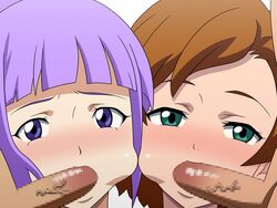 2girls blush breasts brown_hair cheek_bulge faceless_male fellatio fram_nara green_eyes gundam gundam_age hair_bun kame_(artist) multiple_girls oral penis purple_eyes purple_hair romary_stone short_hair tied_hair