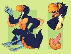 anthro avian beak bird blue_feathers blue_fur claws digitigrade dinosaur feathers fur green_eyes happy lucaloo male model_sheet open_mouth penis raptor smile tapering_penis teeth terrorbird theropod tongue toucan two_tone