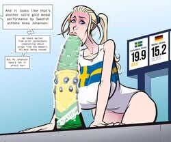 :>= anna_johanson ass_to_mouth blonde_hair blue_eyes brazil brazilian_flag breasts competition deepthroat deepthroat_mark dildo fellatio germany large_breasts national_personification olympics oral saliva saliva_trail sfh sloppy sparrow_(artist) sweden swedish_flag text throat_training