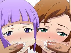 2boys 2girls blush breasts brown_hair censored cum cum_in_mouth ejaculation faceless_male fellatio fram_nara green_eyes gundam gundam_age hair_bun kame_(artist) mosaic_censoring multiple_boys multiple_girls oral orgasm overflow penis purple_eyes purple_hair romary_stone short_hair tied_hair