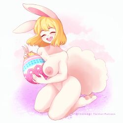 anthro big_breasts blonde_hair breasts carrot_(one_piece) closed_eyes easter easter_egg feet female female_only fluffy fluffy_tail gesture hair holidays inosagi lagomorph leporid mammal one_piece rabbit smile solo tail v_sign