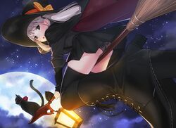 :o artist_request ass black_eyes boots bow broomstick cape cat_bell dress feline female flying from_below halloween lantern long_hair looking_back moon night open_mouth original panties polka_dot polka_dot_panties silver_hair skirt sky star suspenders thighhighs tied_hair twintails upskirt witch witch_hat