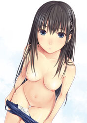 blue_eyes blush breasts female gradient gradient_background hair_ornament hairclip highres leaning_forward long_hair looking_at_viewer n.g. navel nipples one-piece_swimsuit original parted_lips pussy solo swimsuit swimsuit_pull thigh_gap wet